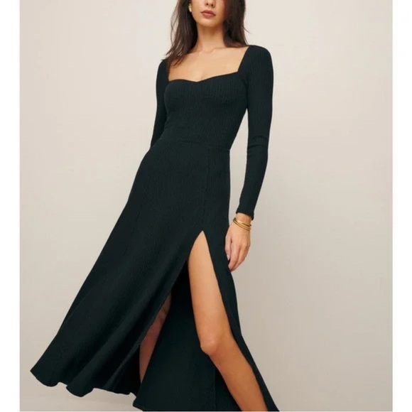 Reformation Dresses & Skirts - Reformation Banks Black Knit Ribbed Long Sleeve Midi Dress Size M
